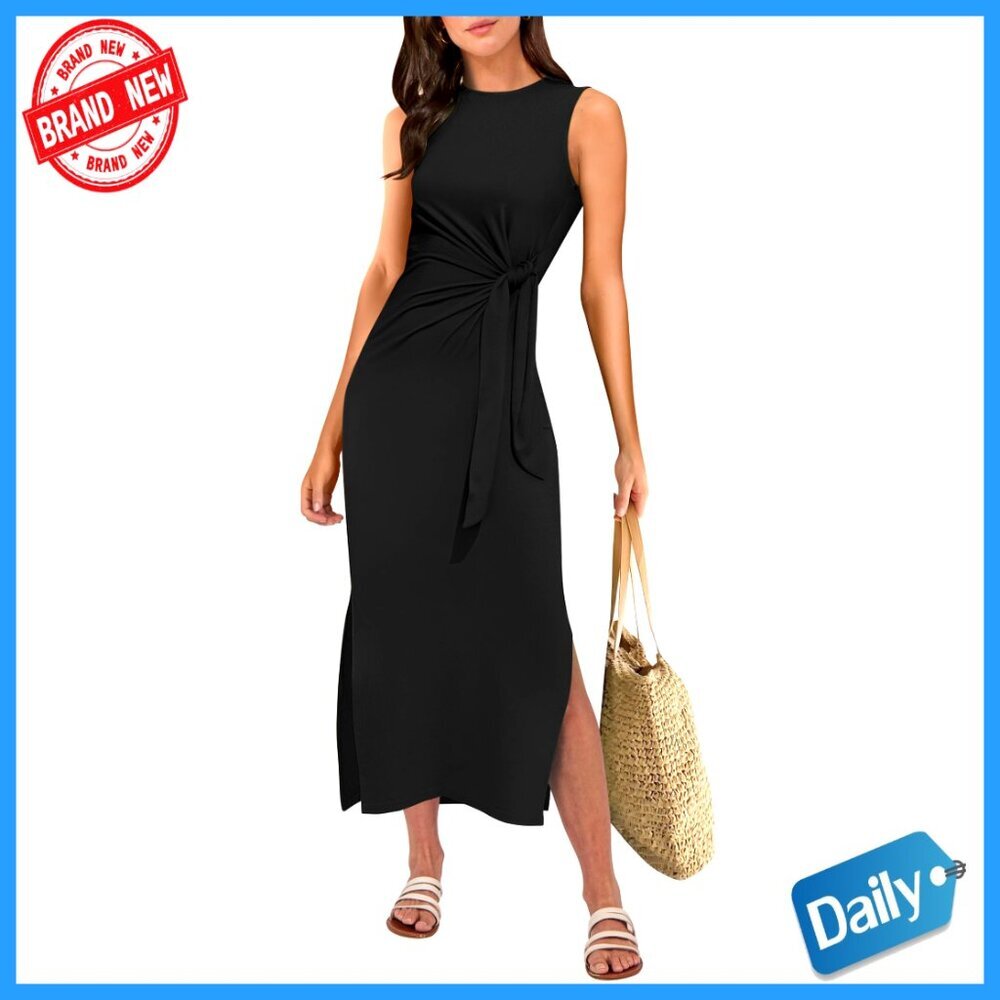 Slim Fit Tie Waist Midi Dress Sleeveless Casual Summer Vacation Sundress Chic